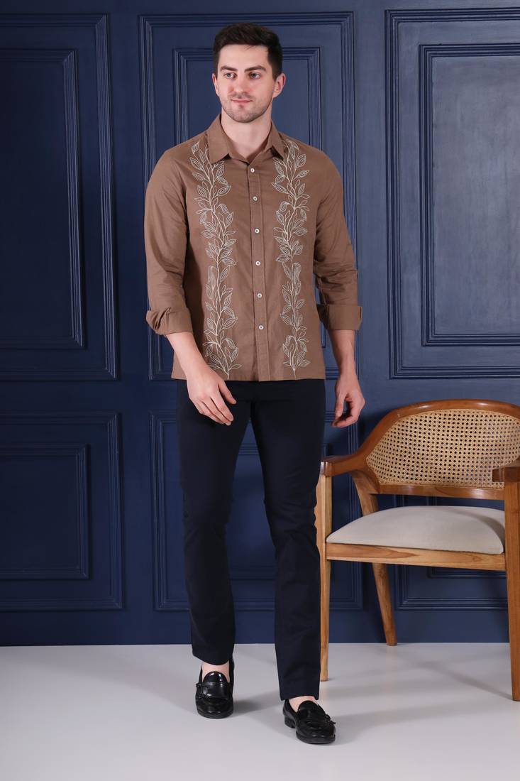 Pier seven embroidered 100% cotton men's slim fit full sleeve shirt - brown (pwy228)