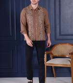Pier seven embroidered 100% cotton men's slim fit full sleeve shirt - brown (pwy228)
