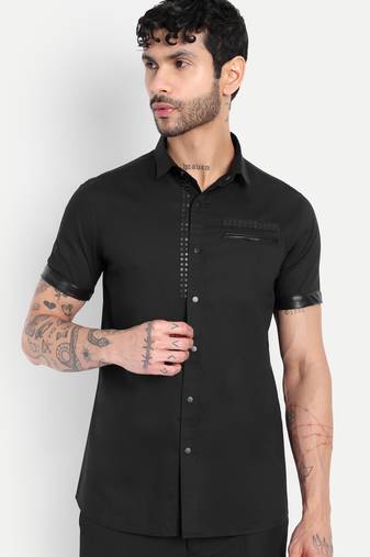 Pier seven black slim fit short sleeve shirt with studded placket & faux leather details - black (pwc014)