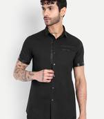 Pier seven black slim fit short sleeve shirt with studded placket & faux leather details - black (pwc014)