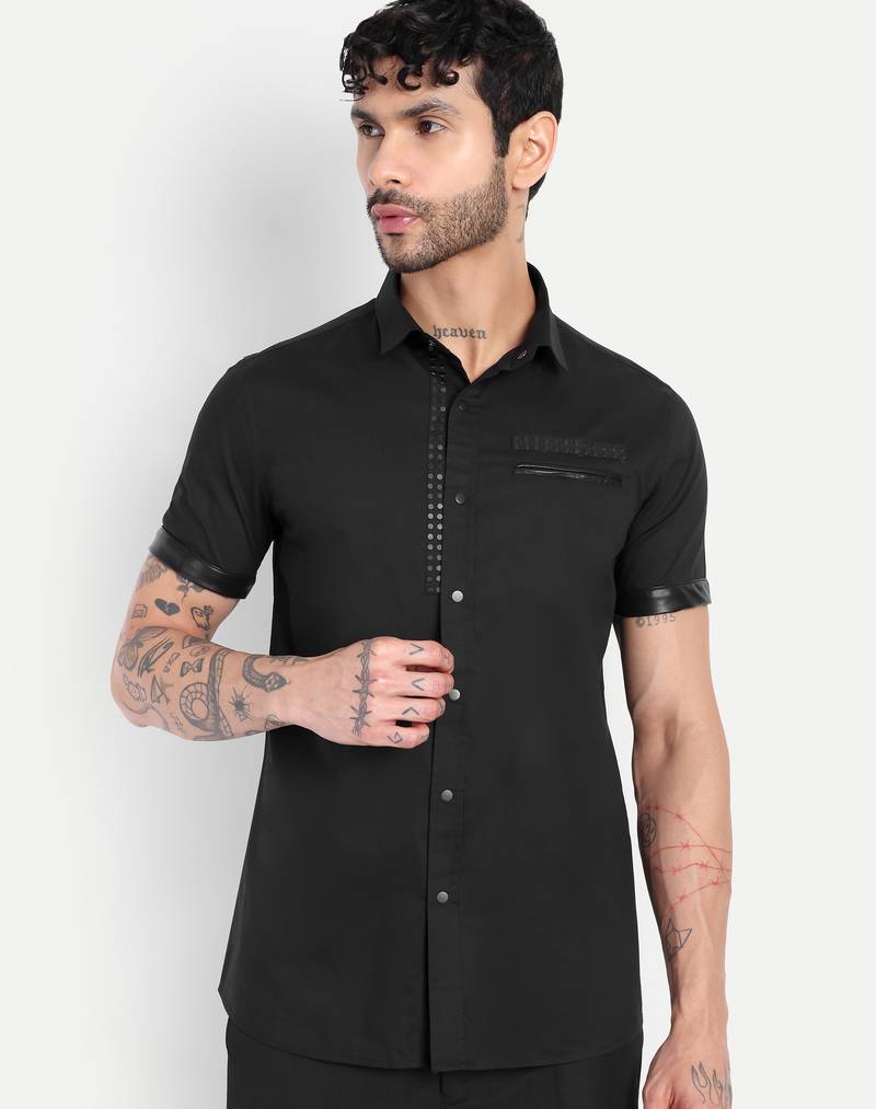 Pier seven black slim fit short sleeve shirt with studded placket & faux leather details - black (pwc014)