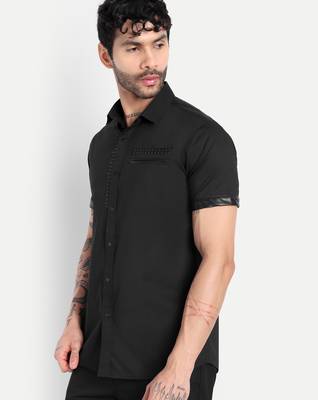 Pier seven black slim fit short sleeve shirt with studded placket & faux leather details - black (pwc014) 2