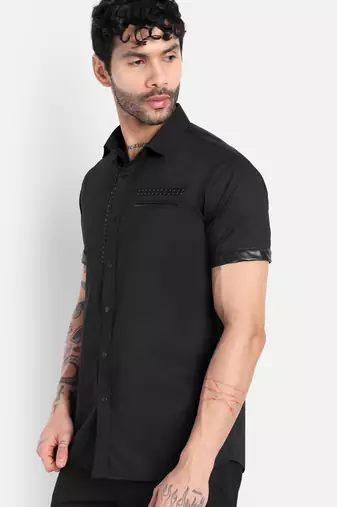 Pier seven black slim fit short sleeve shirt with studded placket & faux leather details - black (pwc014)