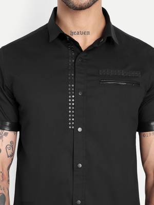 Pier seven black slim fit short sleeve shirt with studded placket & faux leather details - black (pwc014) 3