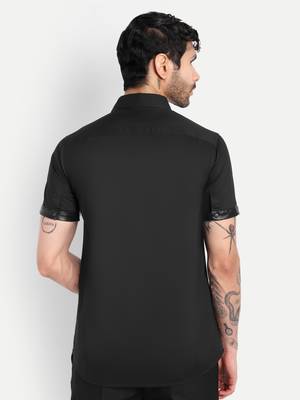 Pier seven black slim fit short sleeve shirt with studded placket & faux leather details - black (pwc014) 4