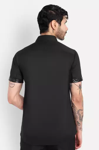 Pier seven black slim fit short sleeve shirt with studded placket & faux leather details - black (pwc014)