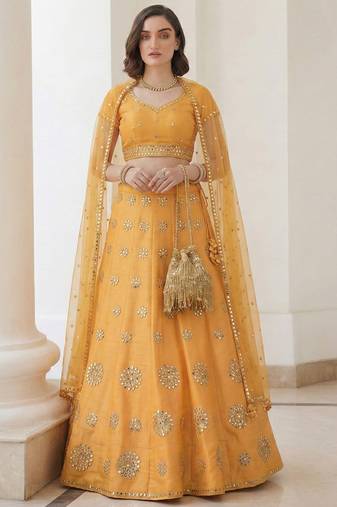 yellow heavy silk sequins Embroiedery & Real Mirror wedding lehenga