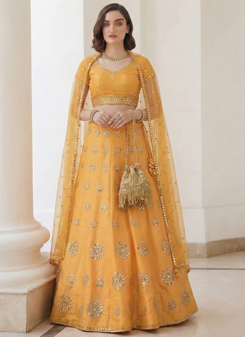 yellow heavy silk sequins Embroiedery & Real Mirror wedding lehenga
