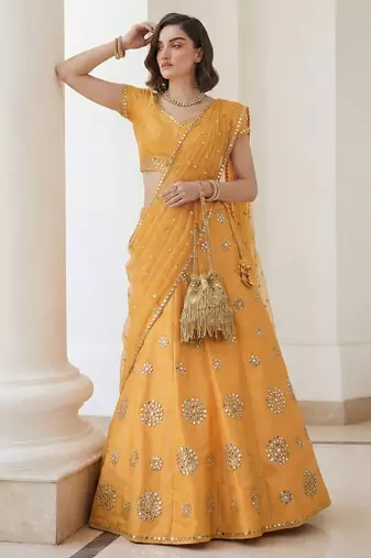 yellow heavy silk sequins Embroiedery & Real Mirror wedding lehenga
