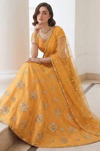 yellow heavy silk sequins Embroiedery & Real Mirror wedding lehenga