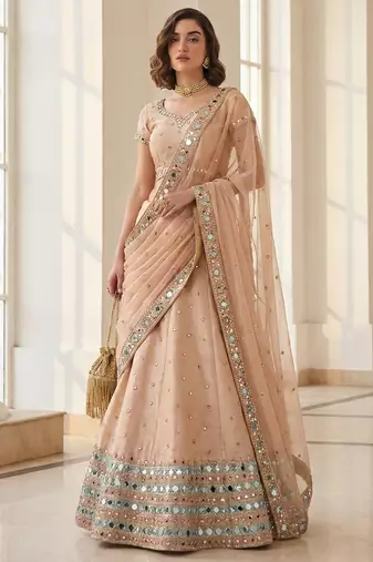 light peach heavy silk sequins Embroiedery & Real Mirror wedding lehenga