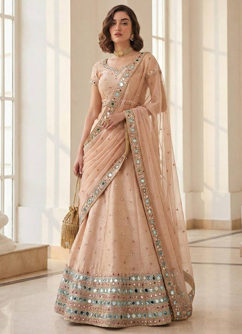 light peach heavy silk sequins Embroiedery & Real Mirror wedding lehenga