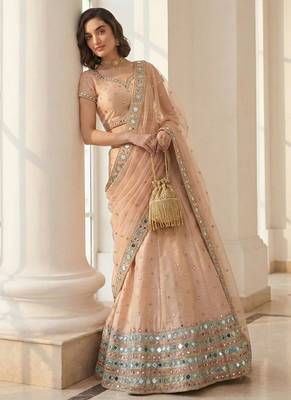 light peach heavy silk sequins Embroiedery & Real Mirror wedding lehenga 2