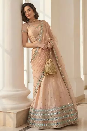 light peach heavy silk sequins Embroiedery & Real Mirror wedding lehenga