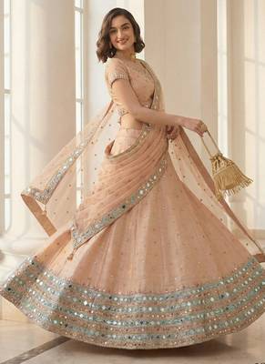 light peach heavy silk sequins Embroiedery & Real Mirror wedding lehenga 3