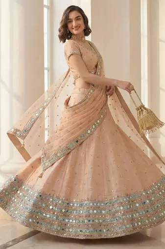 light peach heavy silk sequins Embroiedery & Real Mirror wedding lehenga