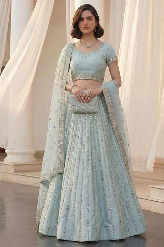 light sky blue heavy silk sequins Embroiedery & Real Mirror wedding lehenga