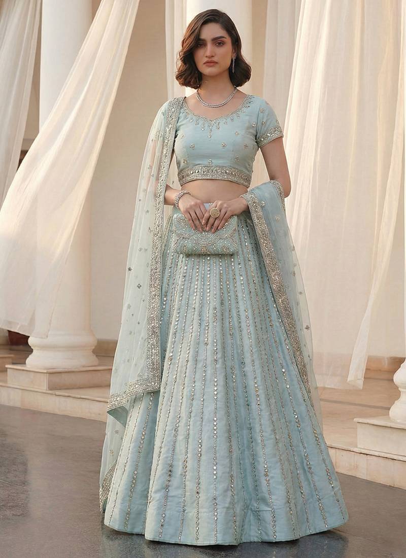 light sky blue heavy silk sequins Embroiedery & Real Mirror wedding lehenga