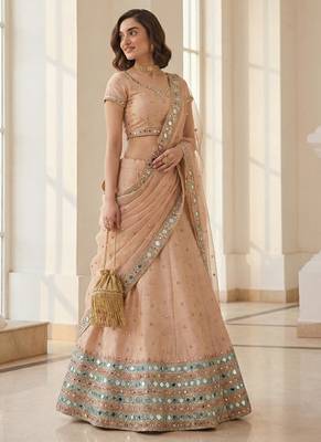 light peach heavy silk sequins Embroiedery & Real Mirror wedding lehenga 4