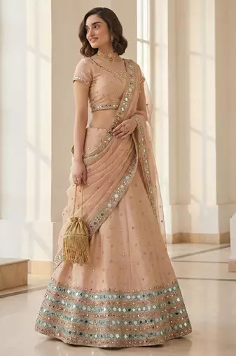 light peach heavy silk sequins Embroiedery & Real Mirror wedding lehenga