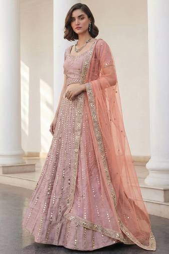 baby pink heavy silk sequins Embroiedery & Real Mirror wedding lehenga