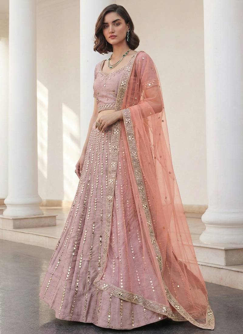 baby pink heavy silk sequins Embroiedery & Real Mirror wedding lehenga