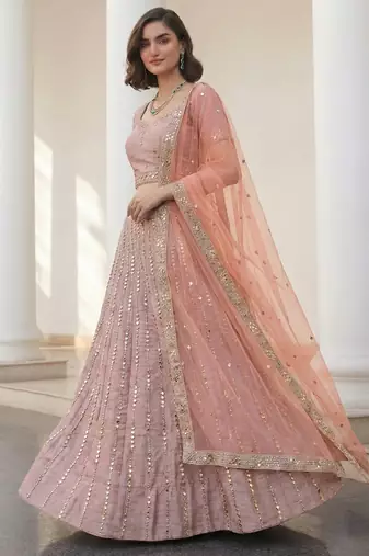 baby pink heavy silk sequins Embroiedery & Real Mirror wedding lehenga