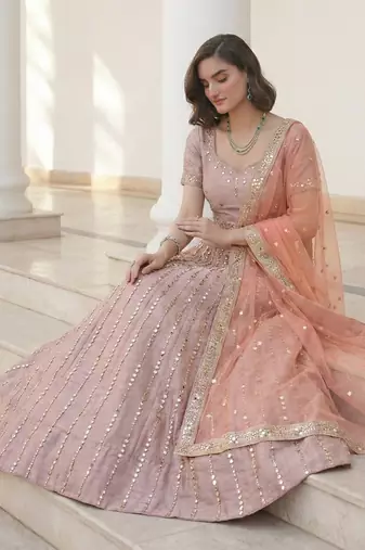 baby pink heavy silk sequins Embroiedery & Real Mirror wedding lehenga