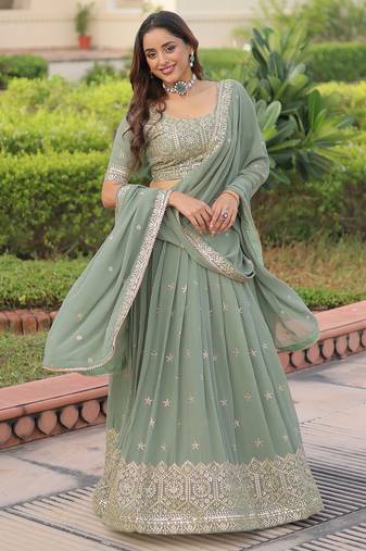  green zari embroidered georgette lehenga set choli with dupatta