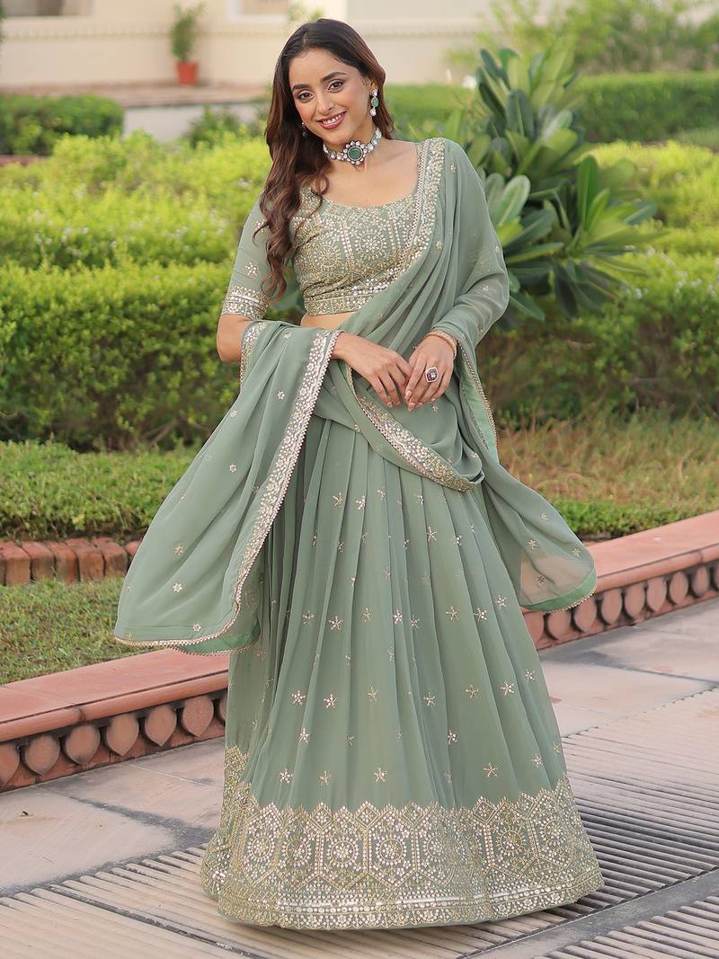 green zari embroidered georgette lehenga set choli with dupatta