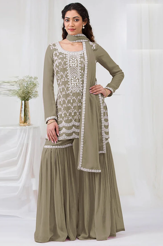 Olive faux georgette with heavy embroidery cotton thread work unstitched suit