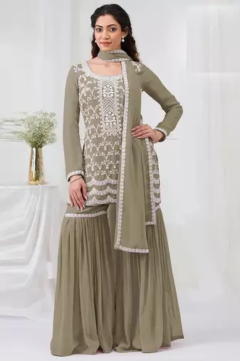 Olive faux georgette with heavy embroidery cotton thread work unstitched suit