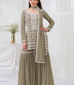 Olive faux georgette with heavy embroidery cotton thread work unstitched suit