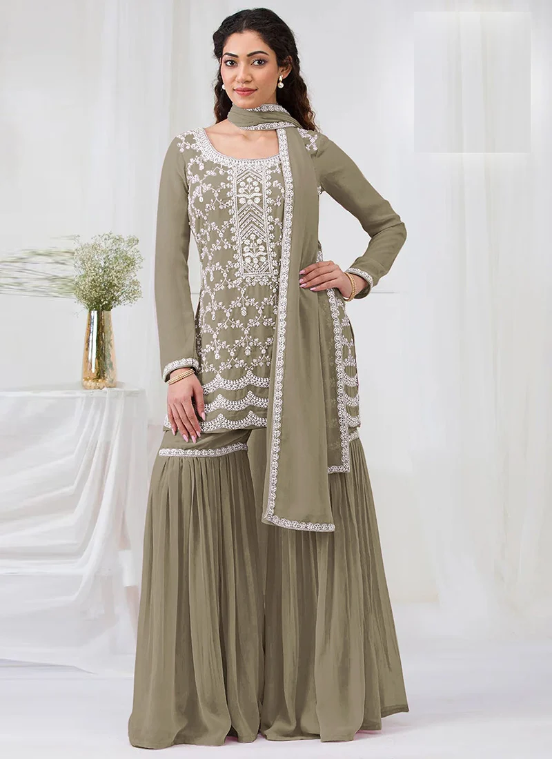 Olive faux georgette with heavy embroidery cotton thread work unstitched suit