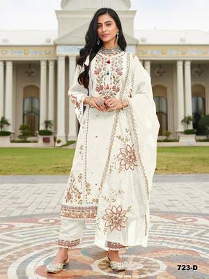 Offwhite cotton with heavy embroidered viscose multi thread work suit 1