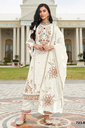 Offwhite pv cotton with heavy embroidered viscose multi thread work unstitched suit