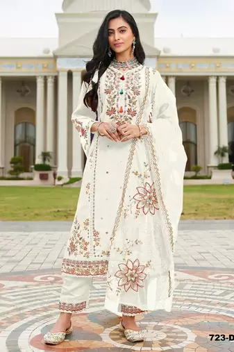 Offwhite pv cotton with heavy embroidered viscose multi thread work unstitched suit