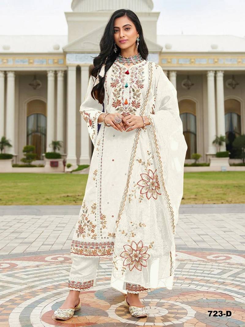 Offwhite pv cotton with heavy embroidered viscose multi thread work unstitched suit