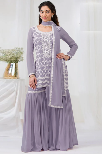 Lavender faux georgette with heavy embroidery cotton thread work unstitched suit