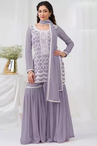 Lavender faux georgette with heavy embroidery cotton thread work unstitched suit