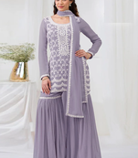 Lavender faux georgette with heavy embroidery cotton thread work unstitched suit