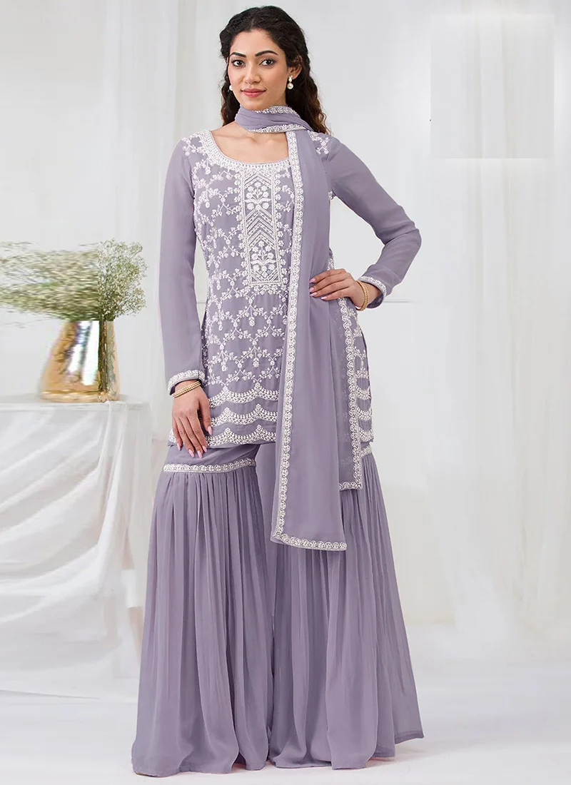 Lavender faux georgette with heavy embroidery cotton thread work unstitched suit