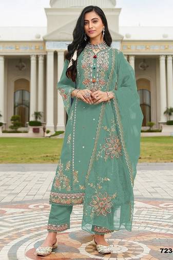 Seagreen pv cotton with heavy embroidered viscose multi thread work unstitched suit