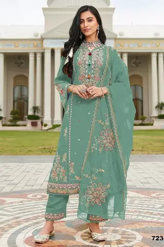 Seagreen pv cotton with heavy embroidered viscose multi thread work unstitched suit