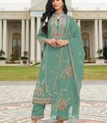 Seagreen pv cotton with heavy embroidered viscose multi thread work unstitched suit
