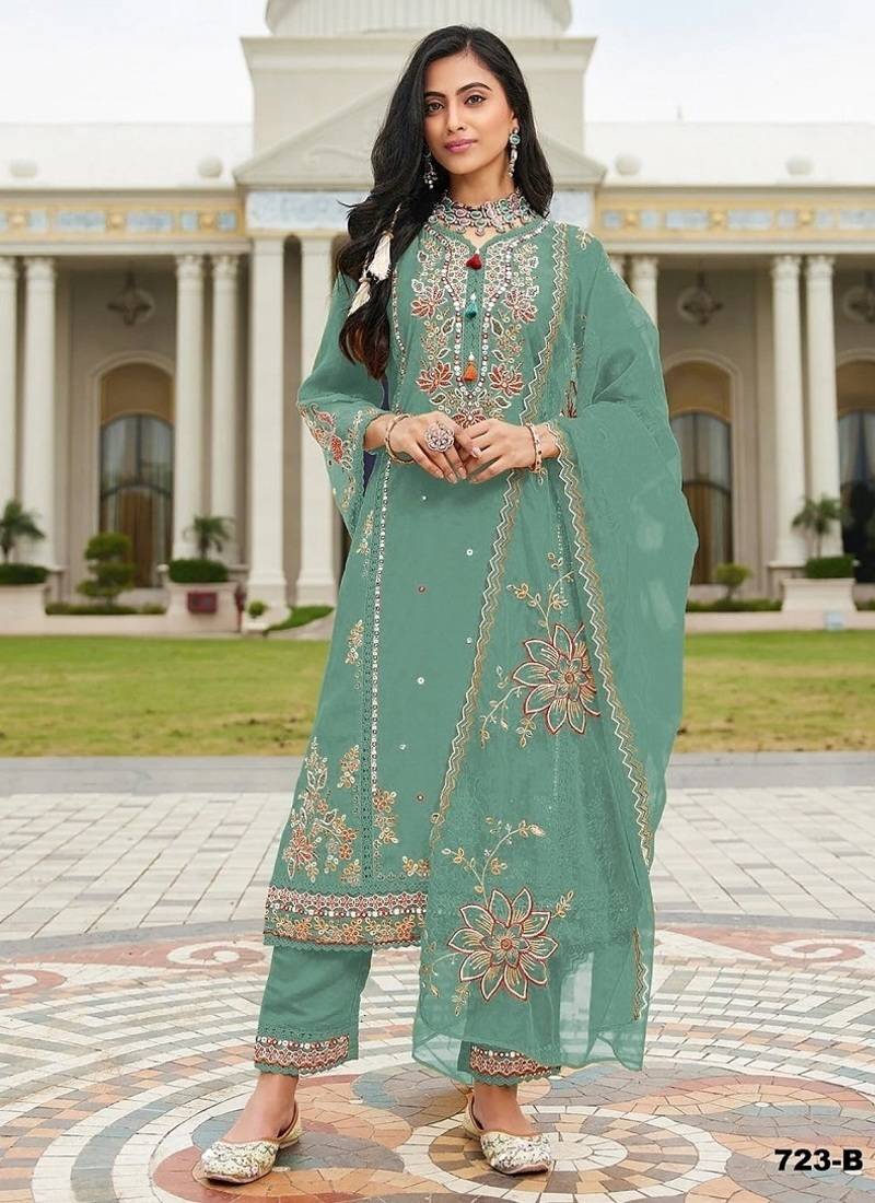 Seagreen pv cotton with heavy embroidered viscose multi thread work unstitched suit