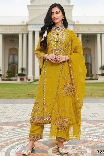 Yellow pv cotton with heavy embroidered viscose multi thread work unstitched suit