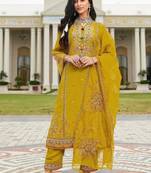 Yellow pv cotton with heavy embroidered viscose multi thread work unstitched suit