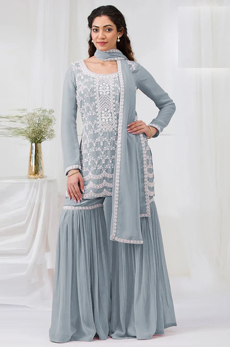 Grey faux georgette with heavy embroidery cotton thread work unstitched suit