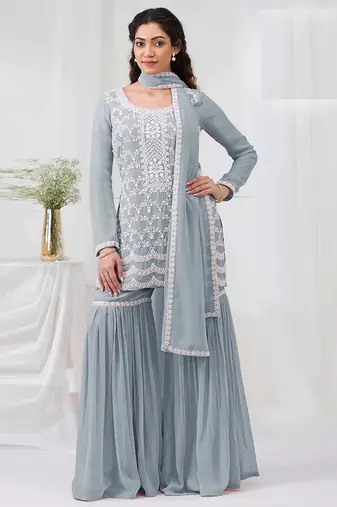 Grey faux georgette with heavy embroidery cotton thread work unstitched suit